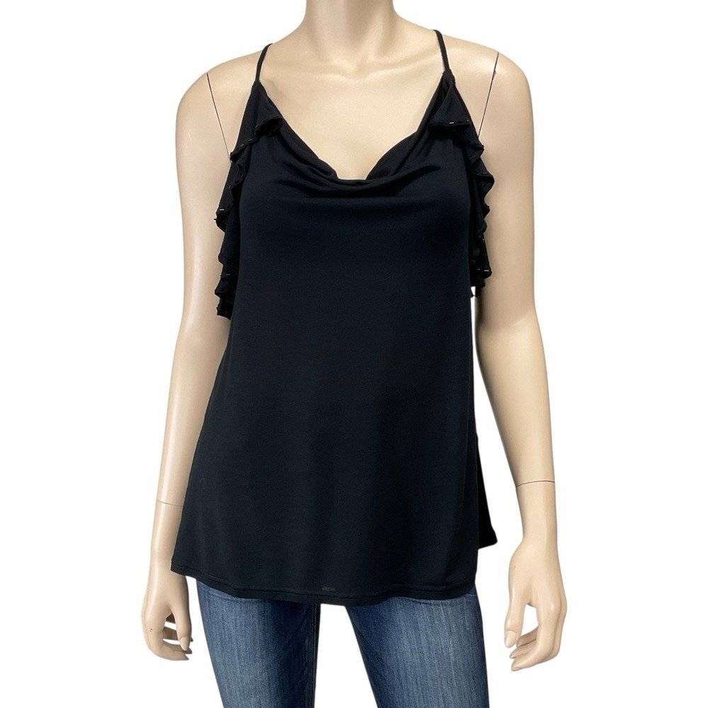 Express Top Women Small Black Tank Halter Stretch Ruffle Beaded Y2K NWT‎